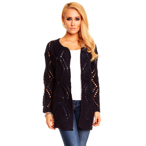 Mørk-blå elegant strikket cardigan med åpen passform
