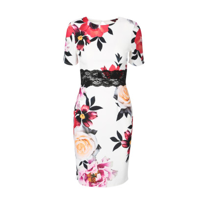 Hvit elegant bodycon kjole med avrundet hals