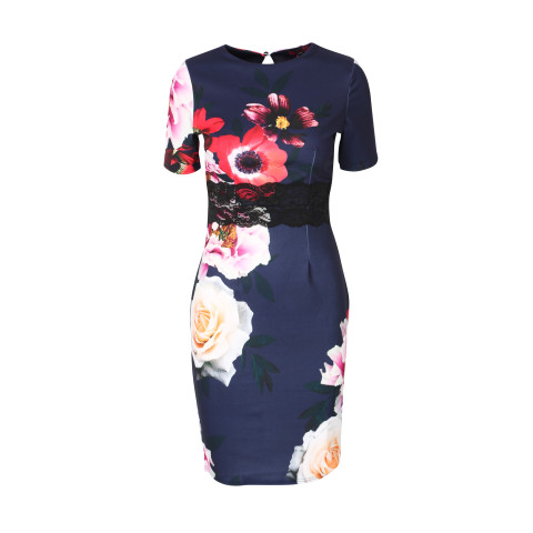 Marineblå elegant bodycon kjole med avrundet hals