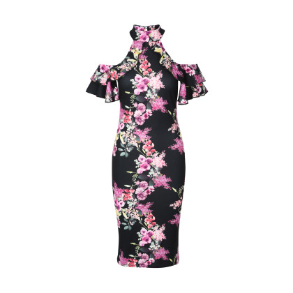 Svart elegant blomstrete midi bodycon kjole