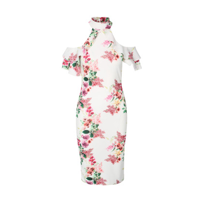 Hvit elegant blomstrete midi bodycon kjole